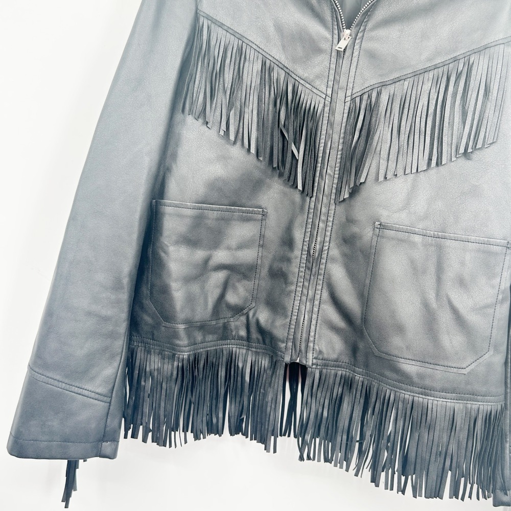 Topshop Womens Black Faux Leather Fringe Western Boho Moto Jacket Size 8 - Picture 4 of 10